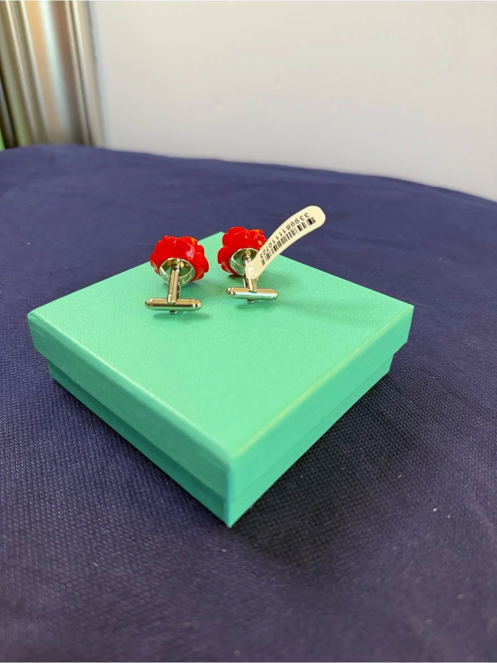 Lola Rose Flower Cufflinks Red Enamel Silver Tone Novelty Wedding Gift NWT